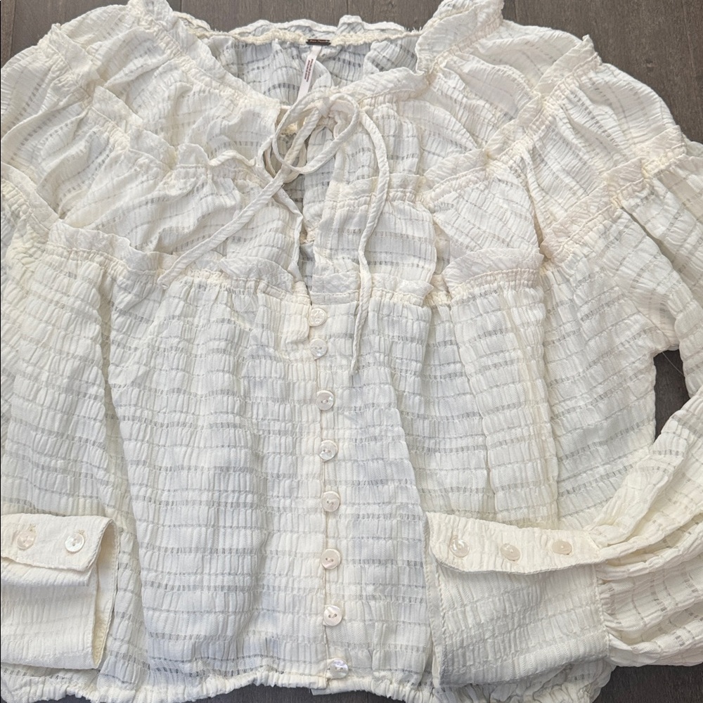 Free People Hailey Crop Blouse XS Ivory Boho Ruffle Tie Front Peasant Top - Picture 5 of 7